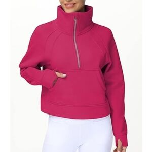 Half Zip Pullover Fleece Stand Collar Crop Sweatshirt with Pockets Dark Pink